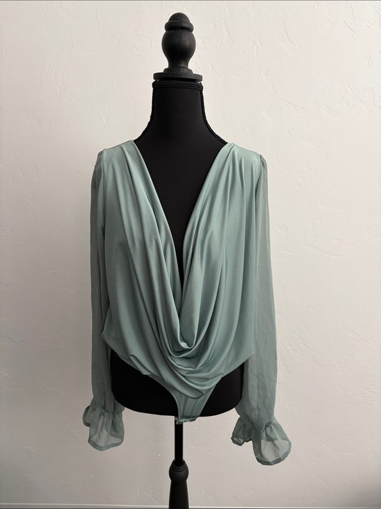 Fashion Nova Tops - Fashion Nova Sage Green Draped V-Neck Bodysuit